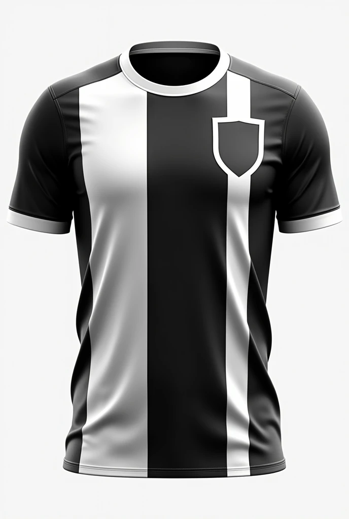 make me a football team shirt (for school games)

It has to be basic with predominant colors: secondary black: white with an emblem/shield on the chest without animals place the shield on the left chest without horizontal stripes use only black and white