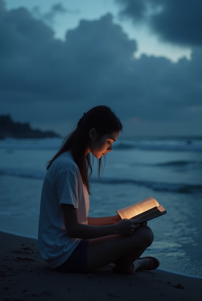 A kerala modern female fair skin tone alone in the sea shore reading book. Long shot. Dark cloud and sea background. Sitting facing the sea. Realistic image. Twilight