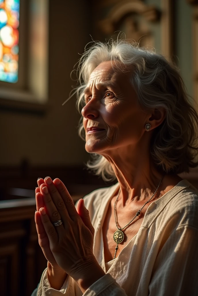 Photograph of a beautiful 60 year old lady , in church praying with his rosary. photographic portrait , spectacular lighting, Magnificent, (deep cleavage), photoshoot, western, (work of art), best qualityer, high resolution, extremely detailed background, skin with pores, , Cinematic lighting completed