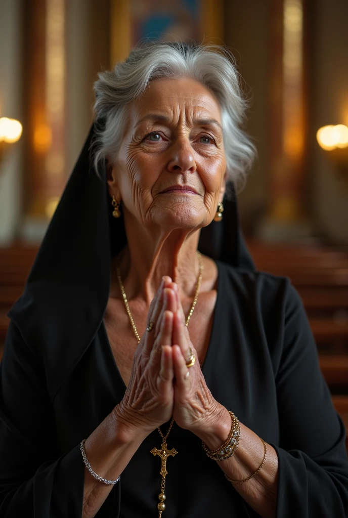 Photograph of a beautiful 60 year old lady , in church praying with his rosary. photographic portrait , spectacular lighting, Magnificent, (deep cleavage), photoshoot, western, (work of art), best qualityer, high resolution, extremely detailed background, skin with pores, , Cinematic lighting completed