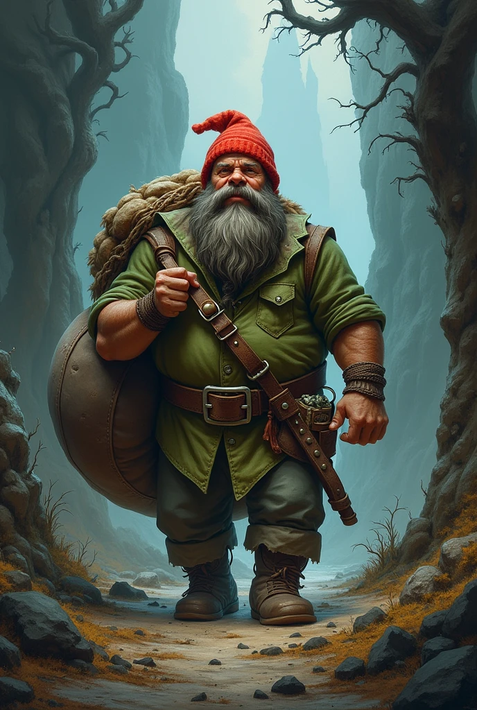 Dwarf with a red hat and green shirt, carrying a sack full of treasures. Dark fantasy stile