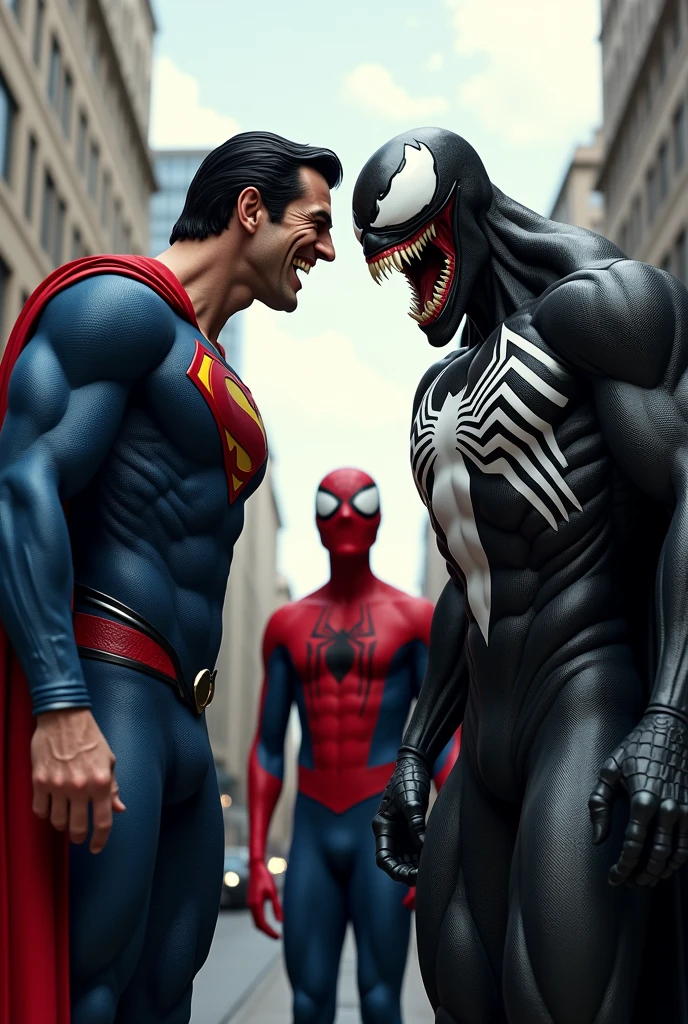 Superman and venom laughing on spiderman
