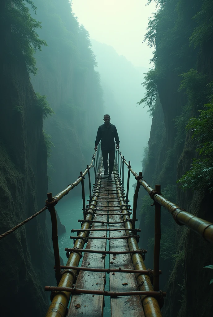 A man is crossing a single bamboo bridge, and he is about to fall down. Critical condition