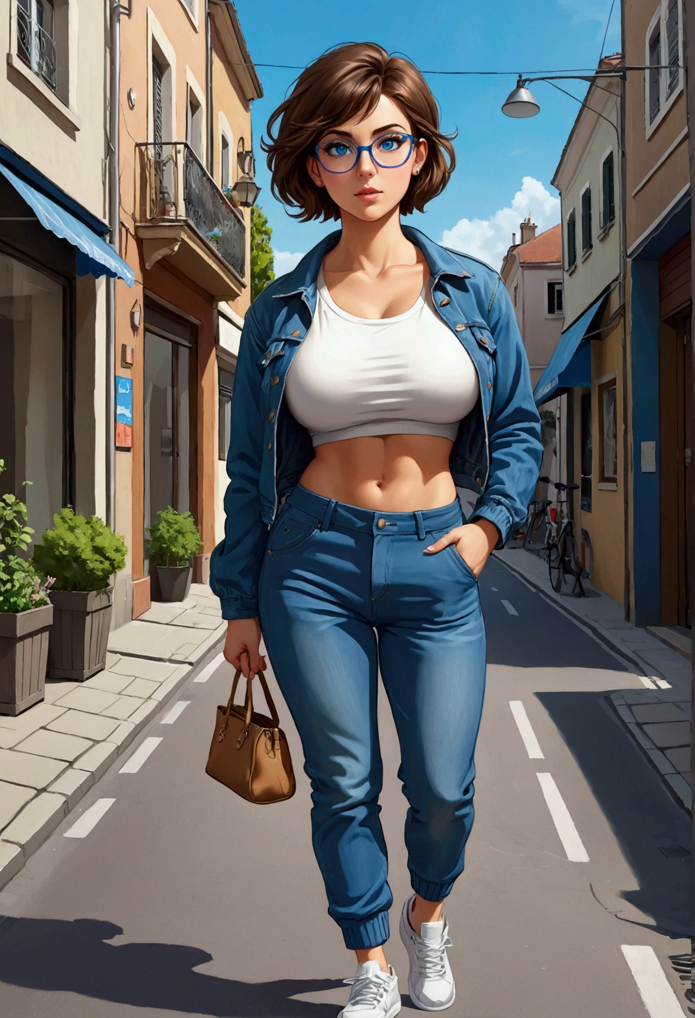 20 years old woman, Short brown hair, Méditerranéenne aux blue eye, Generous and heavy breasts, slender waist, estomac defini, fesses rebondies et pulpeuses, naturally curved, muscular thighs, aguicheuse, on street, en pantalon jogging et tee shirt , Denim jacket, baskets, lunettes , earrings, blue eye,