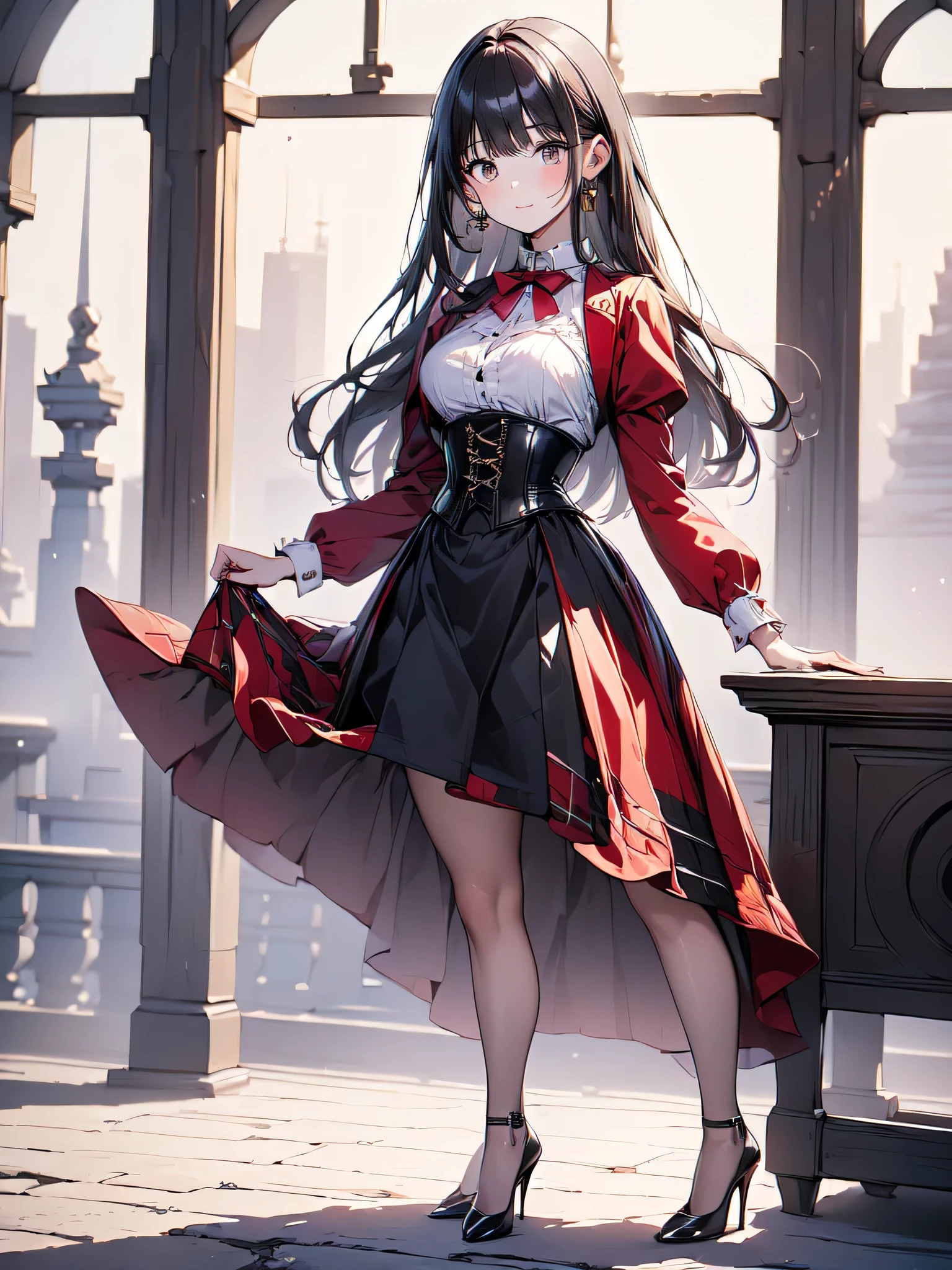 (masterpiece, best quality, highest quality, Masterpiece, 8k:1.5), (kawaii:1.2), (Full Body Shot,Including face,1girl,Focus on the face,Symmetrical facial features), Beautiful woman, (slender), ((High heels)), Detailed depiction of the face, Black Eyes, (Red checked skirt,corset,uniform), (multiple:-1.2),Continued on Wednesday,(Dolphin)