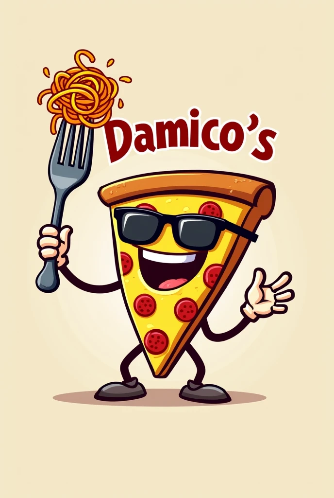 Une part de pizza triangle souriante, portant des lunettes de soleil , tient une fourchette de spaghetti à la verticale, comme un sceptre. L'autre main joint ses doigts comme un italien qui parle avec les mains .Elle a l'air triomphant et porte un grand sourire. La pizza est de couleur jaune vif, avec des morceaux de pepperoni rouges et du fromage fondu. La fourchette de spaghetti est enroulée de spaghettis et est de couleur orange. Logo. Avec DAMICO'S écrit au dessus