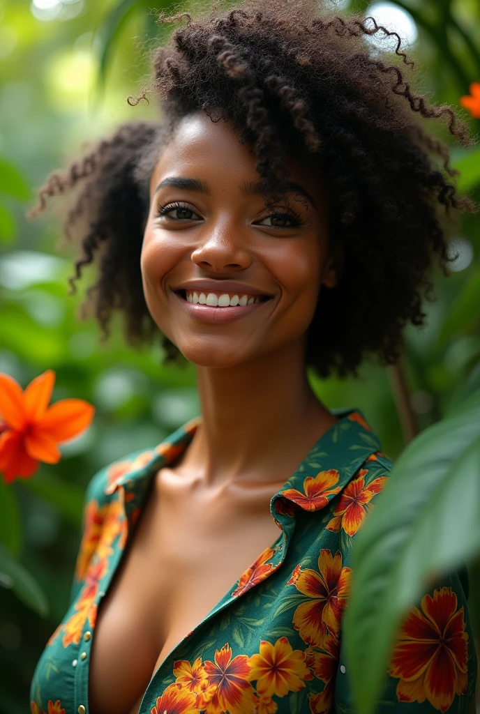 A Brazilian woman in a lush tropical garden, wearing an open shirt with a floral print, with a close-up capturing the harmonious beauty between her breasts and the natural flowers, showing off your natural charm and outgoing personality.