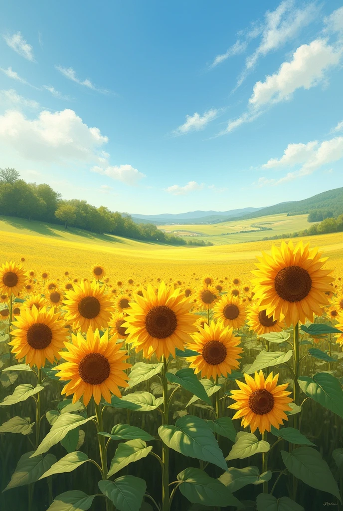 A beautiful afternoon in a field of very beautiful sunflowers, the art has to be in the style of natural painting