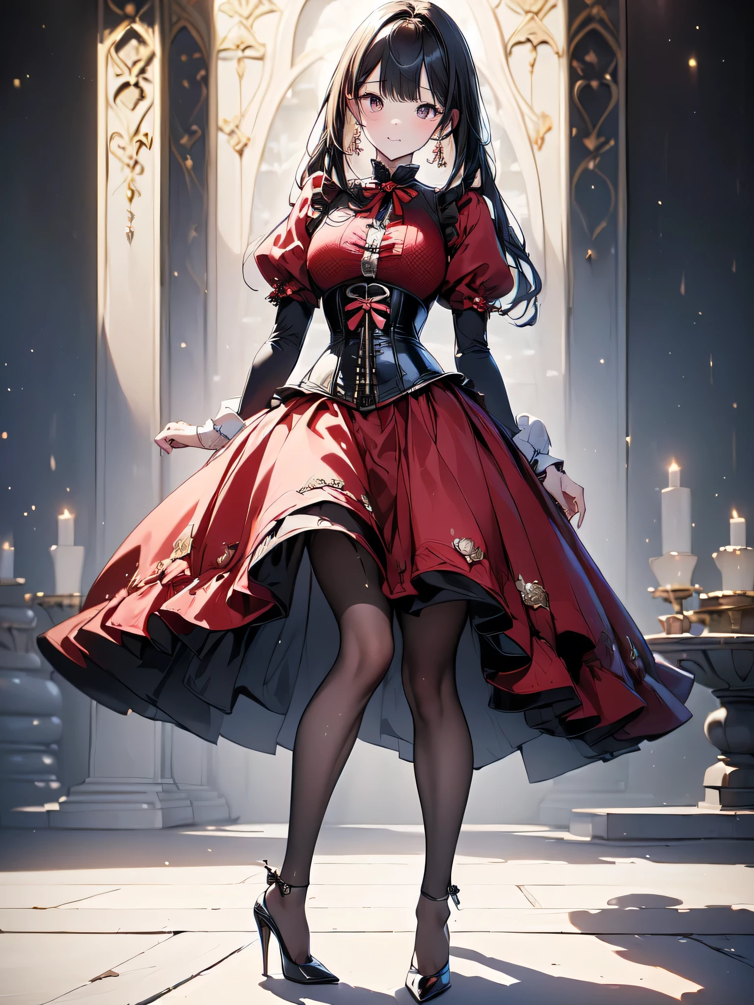 (masterpiece, best quality, highest quality, Masterpiece, 8k:1.5), (kawaii:1.2), (Full Body Shot,Including face,1girl,Focus on the face,Symmetrical facial features), Beautiful woman, (slender), ((High heels)), Detailed depiction of the face, Black Eyes, (Red checked skirt,corset,uniform), (multiple:-1.2),Continued on Wednesday,(Dolphin)