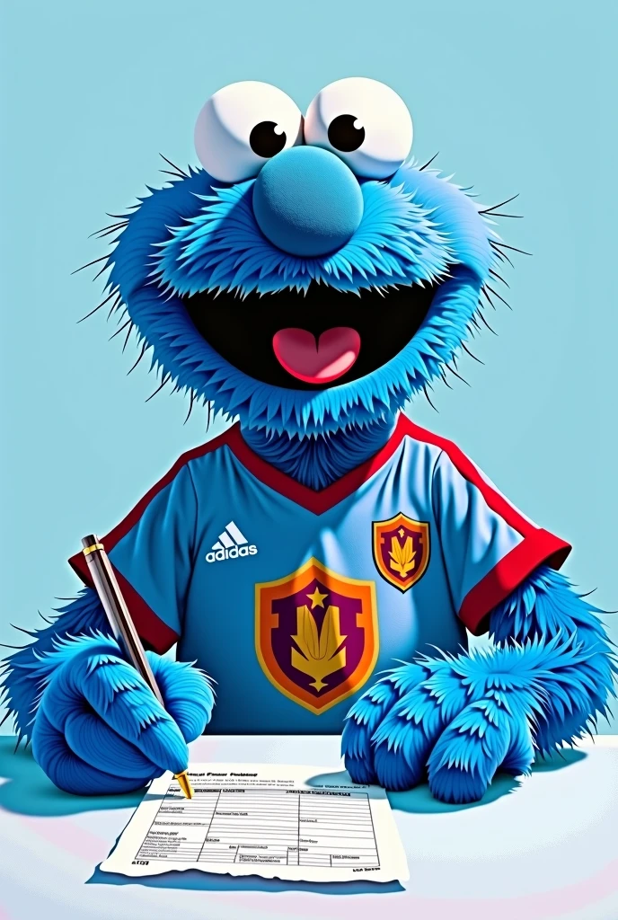 pancho contreras, Sesame Street character painted in light blue, with a soccer jersey that has the shield of the Peruvian club UNIVERSITARIO DE DEPORTES signing a contract
