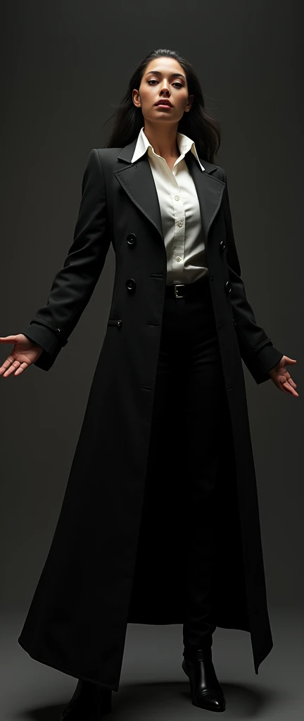 a tanned female, wide arms gesturing a long trench coat black suit, white shirt underneath, tie, aggressive, assertive, swagger attitude, photorealistic, 8k, hyper detailed, studio lighting, highly detailed face and eyes, intricate details, chiaroscuro lighting, dramatic lighting, moody atmosphere, cinematic, elegant rulling on her throne