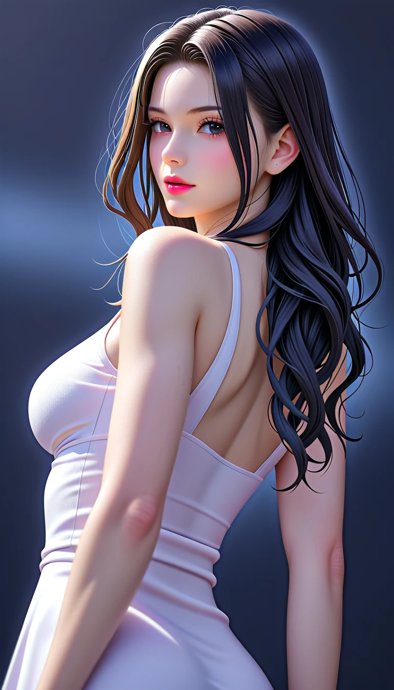 score_9, score_8_superior, score_7_superior, High-resolution CG illustration,A masterpiece in 32K resolution,Highest quality,it is really amazing,Very detailed,Ultra-high resolution,Ultra-realistic,Realistic,Increased depth of field,Cinematic lighting,
A sexy and elegant mature Japanese woman,
Glossy black hair,Wavy long hair,Showing his forehead,god々Beautiful,Ultra-detailed and beautiful face,Sensual look,Beautiful dark brown, moist eyes,Pitch black eyes,Glowing, moisturized skin,Translucent white skin,born々New skin texture,Great proportions,
White high slit dress,
Simple design,A slit that goes down to the waist,コットンborn地の柔らかな質感,
A dark and blurry night background,Dark overcast sky on a dull night,Dark clouds filling the sky,Thundercloud,Coastline at night,Golden reflections on the sea surface,delay々A desolate sandy beach that continues,
Cowboy Shot,Beautiful back view,Low - Angle,