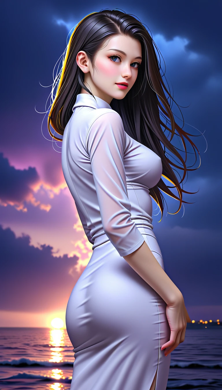 score_9, score_8_superior, score_7_superior, High-resolution CG illustration,A masterpiece in 32K resolution,Highest quality,it is really amazing,Very detailed,Ultra-high resolution,Ultra-realistic,Realistic,Increased depth of field,Cinematic lighting,
A sexy and elegant mature Japanese woman,
Glossy black hair,Wavy long hair,Showing his forehead,god々Beautiful,Ultra-detailed and beautiful face,Sensual look,Beautiful dark brown, moist eyes,Pitch black eyes,Glowing, moisturized skin,Translucent white skin,born々New skin texture,Great proportions,
White high slit dress,
Simple design,A slit that goes down to the waist,コットンborn地の柔らかな質感,
A dark and blurry night background,Dark overcast sky on a dull night,Dark clouds filling the sky,Thundercloud,Coastline at night,Golden reflections on the sea surface,delay々A desolate sandy beach that continues,
Cowboy Shot,Beautiful back view,Low - Angle,