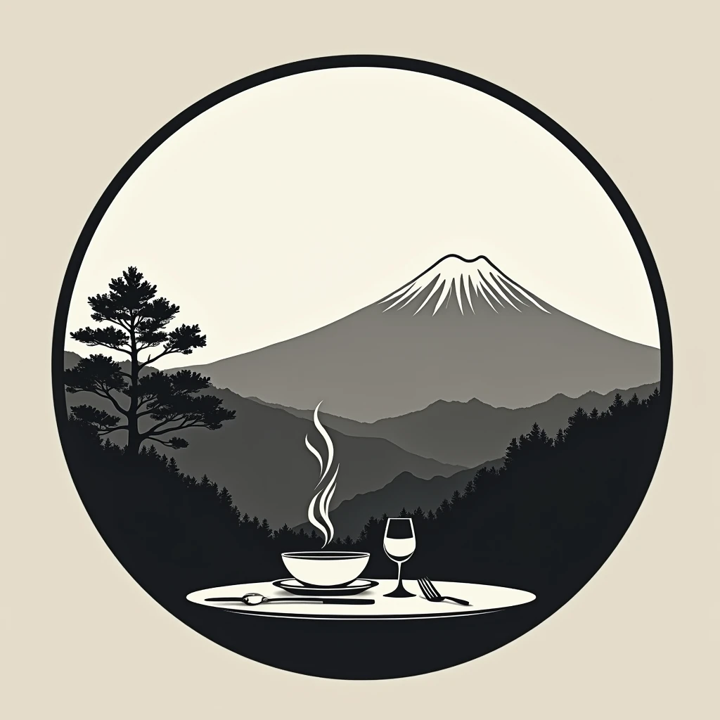 Logos of restaurants in the mountains rich in nature in Japan
Restaurant logo with a view of Mt. Fuji
monotone sun
All logos are achromatic
Circle-shaped logo marks,
A logo that shows that it is a delicious restaurant
a restaurant rich in nature
A stylish, small knife and fork on the terrace table, polite,
steam
a small pine tree
attract tourists
chic
Mt. Fuji is painted with only silhouette, pop and border only
Logos are pop, stylish and silhouette-only logo marks
White background
Black and white two-tone coloring design
achromatic design
elegant design
Italian and Japanese restaurants
Match between Japanese and I, harmony
Pretty cool
Stylish design
chic and modern design
