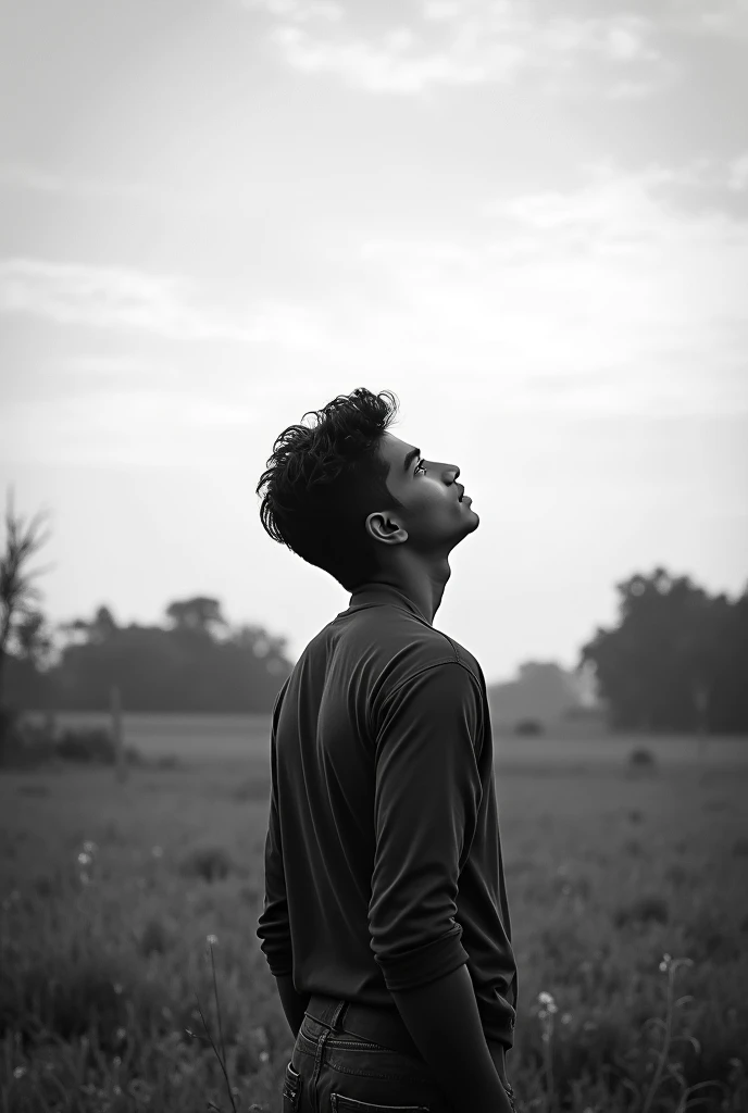 Photo of buynamed Pawan watching nature .photo in black and white 90s photo type.do not show the face of person show back photo with enjoying nature sitting and watching in the sky