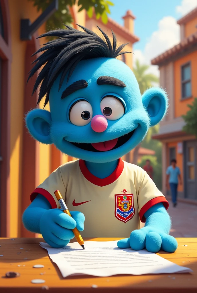 pancho contreras, Sesame Street character painted in light blue, with a cream soccer jersey that has the shield of the Peruvian club UNIVERSITARIO DE DEPORTES signing a contract