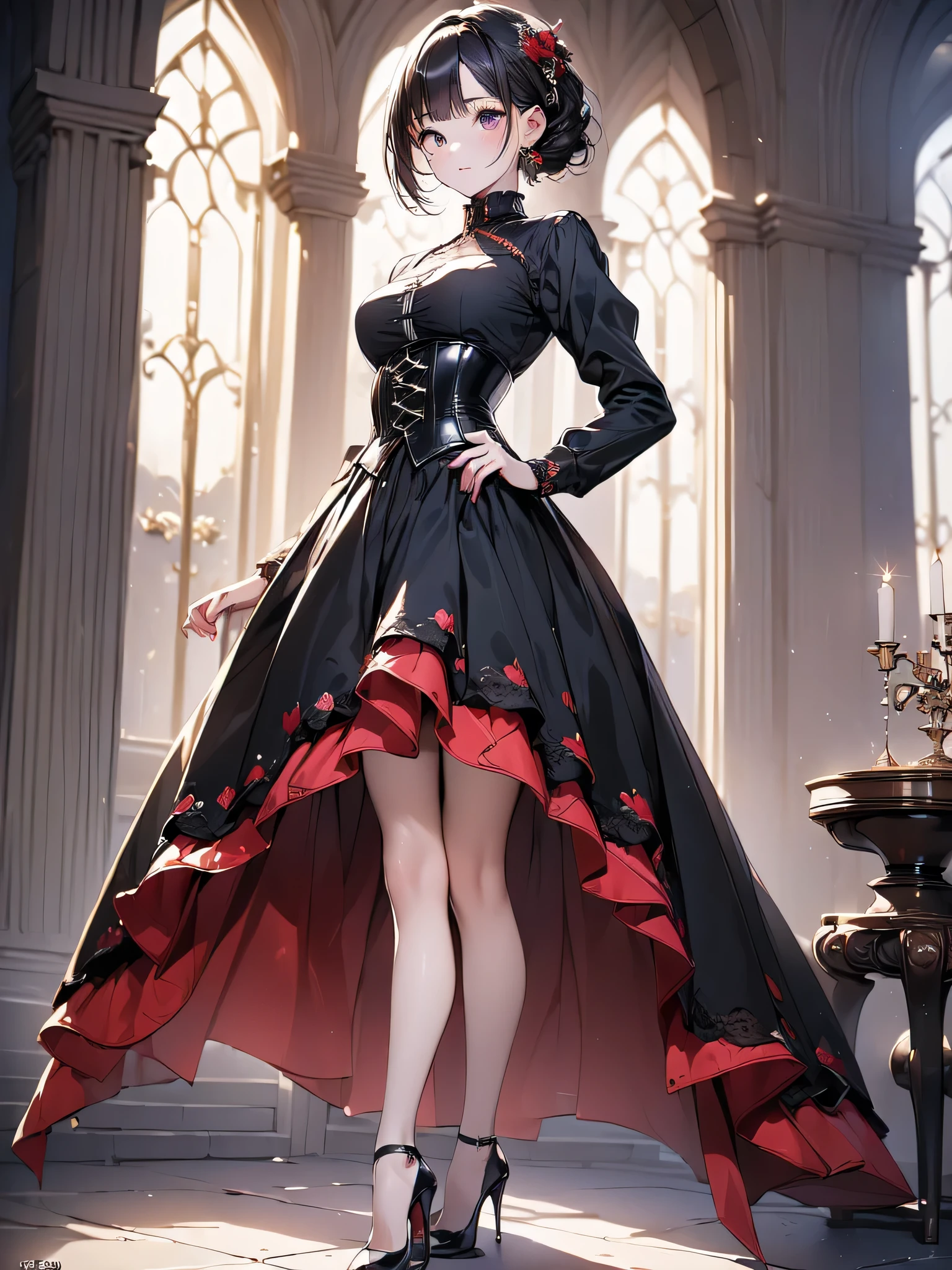 (masterpiece, best quality, highest quality, Masterpiece, 8k:1.5), (kawaii:1.2), (Full Body Shot,Including face,1girl,Focus on the face,Symmetrical facial features), Beautiful woman, (slender), ((High heels)), Detailed depiction of the face, Black Eyes, (Red checked skirt,corset,uniform), (multiple:-1.2),Continued on Wednesday,(Dolphin)