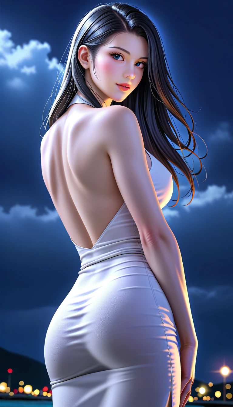 score_9, score_8_superior, score_7_superior, High-resolution CG illustration,A masterpiece in 32K resolution,Highest quality,it is really amazing,Very detailed,Ultra-high resolution,Ultra-realistic,Realistic,Increased depth of field,Cinematic lighting,
A sexy and elegant mature Japanese woman,
Glossy black hair,Wavy long hair,Showing his forehead,god々Beautiful,Ultra-detailed and beautiful face,Sensual look,Beautiful dark brown, moist eyes,Pitch black eyes,Glowing, moisturized skin,Translucent white skin,born々New skin texture,Great proportions,
White high slit dress,
Simple design,A slit that goes down to the waist,コットンborn地の柔らかな質感,
A dark and blurry night background,Dark overcast sky on a dull night,Dark clouds filling the sky,Thundercloud,Coastline at night,Golden reflections on the sea surface,delay々A desolate sandy beach that continues,
Cowboy Shot,Beautiful back view,Low - Angle,