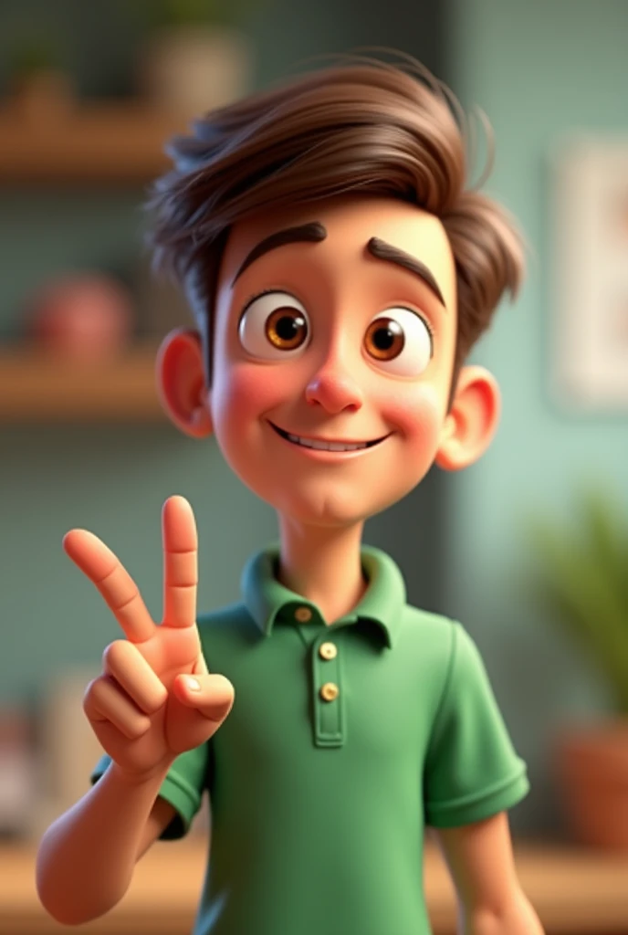 Cartoon character of a man in a green polo collar shirt, making the V with fingers an animated character, stylized character, animation style rendering, 3d stylized, Stylized 3D rendering, toon render screenshot, 3d character, 3d character, Stylized 3D rendering, 3D character rendering, cartoon character, Personagem de close up, character posing, (Pixar-style) (master part:1.2) (bokeh) (best qualityer) (skin fair)