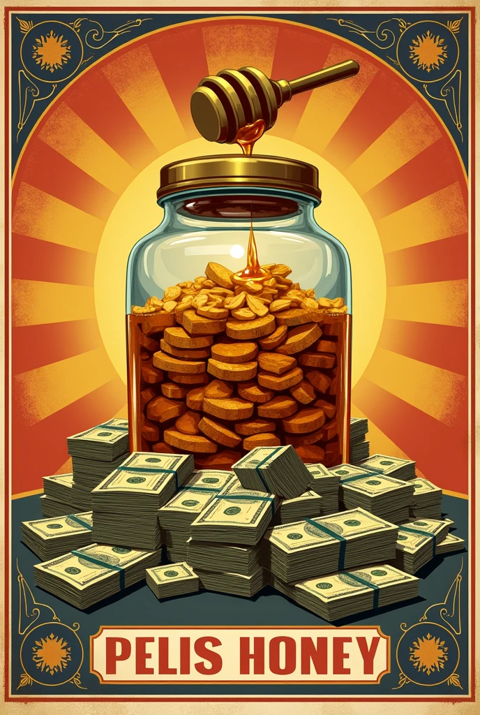 A retro design poster propaganda 
With draw of a honey jar with  a lot package of money inside the jar mix with the honey
