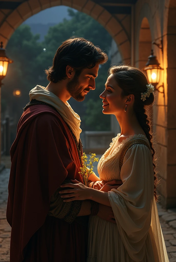 Lorenzo offering a wild flower to Elisa, who smiles shyly. Dante looks at Isabella with a deep expression. medieval times at night