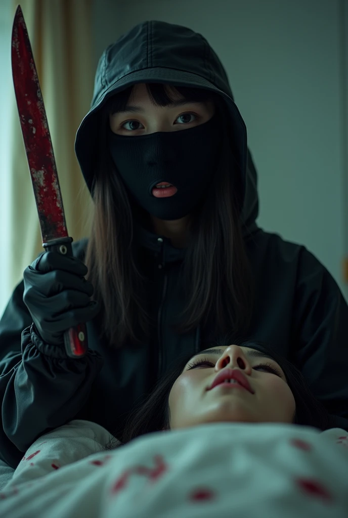 korean girl, (behind stiff, holding knife), stabbing, black balaclava mask, black gloves, girl's room, black raincoat, trucker hat, bloody knife, black gloves, woman on top, behind cadaver, blood splatter, on the bed, looking at viewer, mass murderer, killer, blood splatter, dark atmosphere, cinematic lighting, atmospheric realistic, light from the window, close-up,
