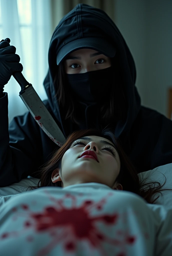 korean girl, (behind stiff, holding knife), stabbing, black balaclava mask, black gloves, girl's room, black raincoat, trucker hat, bloody knife, black gloves, woman on top, behind cadaver, blood splatter, on the bed, looking at viewer, mass murderer, killer, blood splatter, dark atmosphere, cinematic lighting, atmospheric realistic, light from the window, close-up,