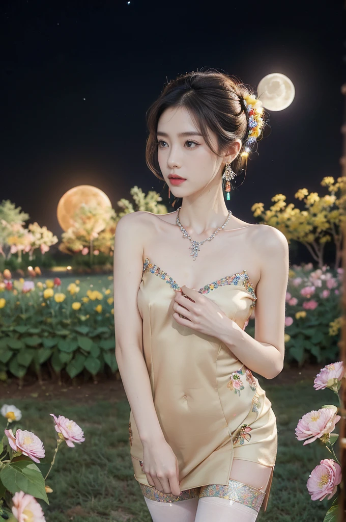 (((best quality))),(((ultra detailed))),(((masterpiece))),illustration,((1 beautiful girl,solo)),(neat chignon:1.2),((earrings,crystal necklace)),((slim,thin)),((small breasts,flat chest)),(slender legs:1.2),(stockings:1.3),(a moon in the clear night sky as the background:1.3), gentle glow,(Standing in the world full of vibrant flowers:1.3),(gorgeous Chinese dress:1.3),sparkling eyes,graceful,(surrounded by crowded colorful flowers:1.5), kaleidoscope, shimmer,bright moonlight, delicate petals, fragrance, otherworldly, magical realm, enchantment, tranquility, essence of beauty, peace,(outdoor:1.),(night scene:1.3),((from front,upper body))