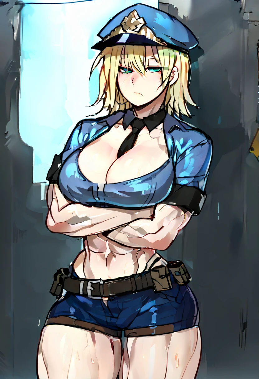 score_5_up,score_6_up,score_7_up,
1girl, solo, wearing (police uniform, police cap, shorts, belt, holster), medium hair, blonde hair