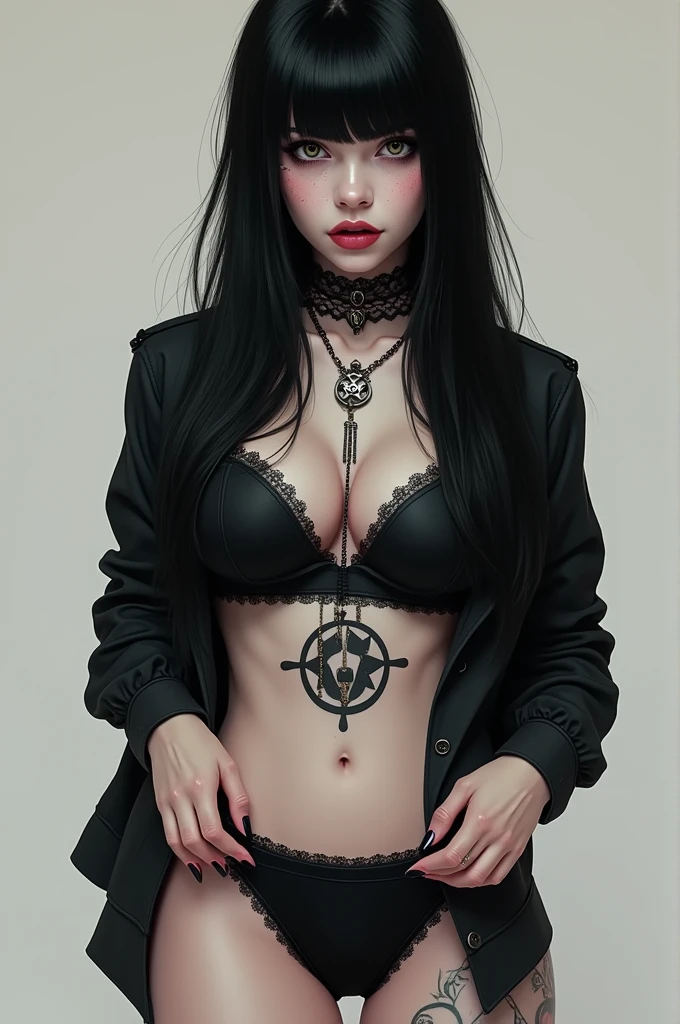 ((Best Quality)), ((masterpiece)), (detailed), girl with straight, long hair reaching above the waist and of a black color, He has pale skin with dark circles under his eyes, slim, with a small waist and wide hips, with a tongue piercing, two piercings on the lower lip on the far right and the other on the left, a nose piercing, a tattoo of a succubus mark on her pelvic area, with little black shorts and a loose black shirt and a little star necklace and a black lace choker