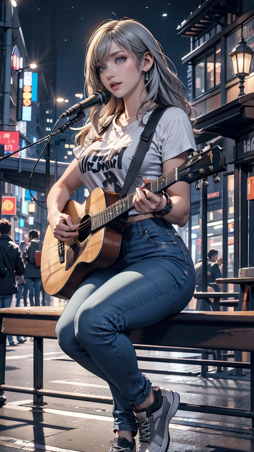 2 female。T-Shirts、jeans、sneakers、Silver Hair、semi-long、Downtown at night、Street Performance、sit on the guardrail、Singing while playing guitar(No microphone)、People around are excited、Sexy proportions、Narrow waist