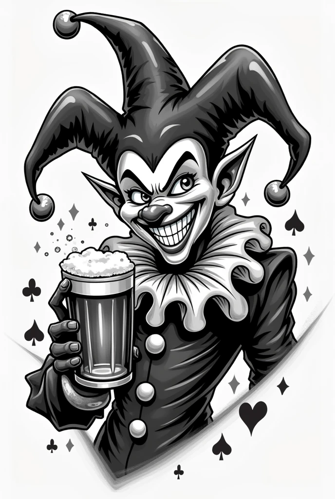 a tattoo of a playing card joker drinking beer and smiling in black and white