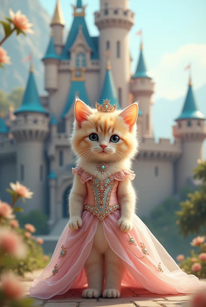 princess　kitten　In front of the castle　upright
