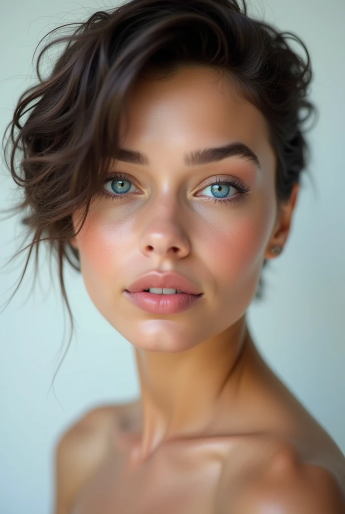 White Brazilian woman with short hair and blue eyes 