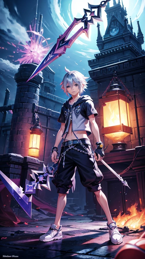 Characters from the Kingdom Hearts game series「Riku」Create an image for,Show your keyblade,Alone in a dark room