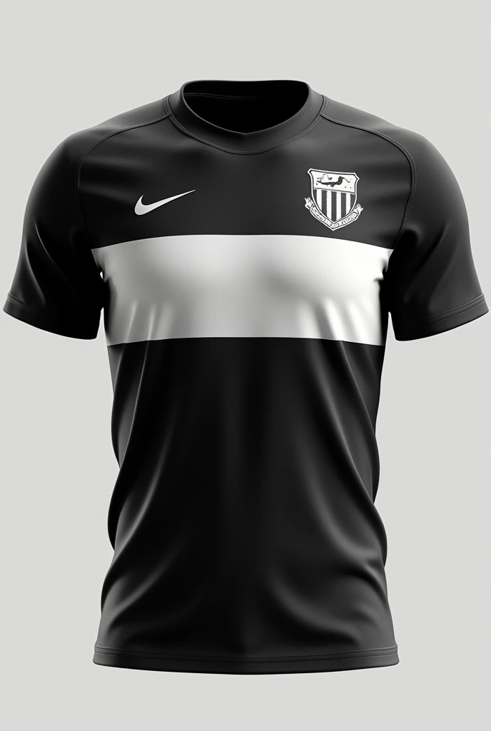 make me a football team shirt (for school games)

It has to be basic with predominant colors: secondary black: white with an emblem/shield on the chest without animals put the shield on the left chest without horizontal stripes use only black and white make the shirt a little retro