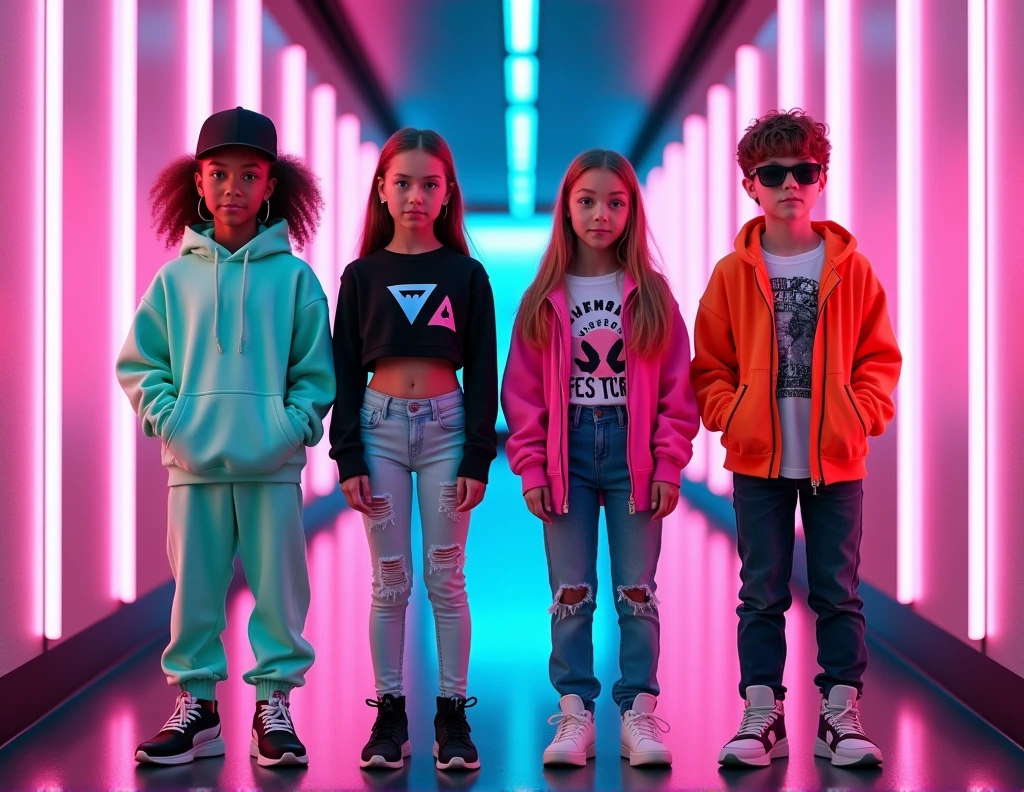 A photorealistic image of a group of -teens, a0-12, s confidely in a sleek, futuristic hallway with vibrant neon lighting, reminiscent of a high-stakes TV show. The group consists of two boys and two girls, each dressed in impeccably detailed, trendy outfits that reflect their unique personalities. One girl is wearing a mint green oversized hoodie with stylish joggers and chunky sneakers, her look completed with large hoop earrings. The second girl is dressed in a black crop top with futuristic geometric designs, paired with light-wash ripped jeans and sleek, matching sneakers, adding a subtle touch of makeup for a mature edge. One boy is sporting a bright orange hoodie, distressed skinny jeans, and high-top sneakers, with a cool cap to complete his look. The other boy is styled in a hot pink bomber jacket over a graphic t-shirt, dark slim-fit jeans, and fashionable sneakers, accessorized with stylish sunglasses. The hallway is bathed in intense pink and blue neon lights that reflect off the glossy walls, creating a dramatic and cinematic backdrop. The scene is captured with a high-resolution camera, using a wide-angle lens for a full-body shot. The lighting is perfectly balanced to highlight the vivid colors and intricate details of their outfits, while the background enhances the atmosphere, giving the image a dynamic, TV show-inspired feel, as if the group is about to embark on an exciting adventure.
