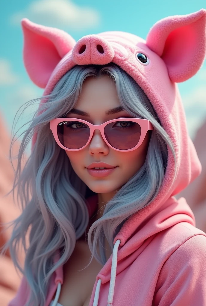 a whimsical woman with grey hair and wearing a pink pig hoodie hat ,put in pink oakley sunglasses 3d render