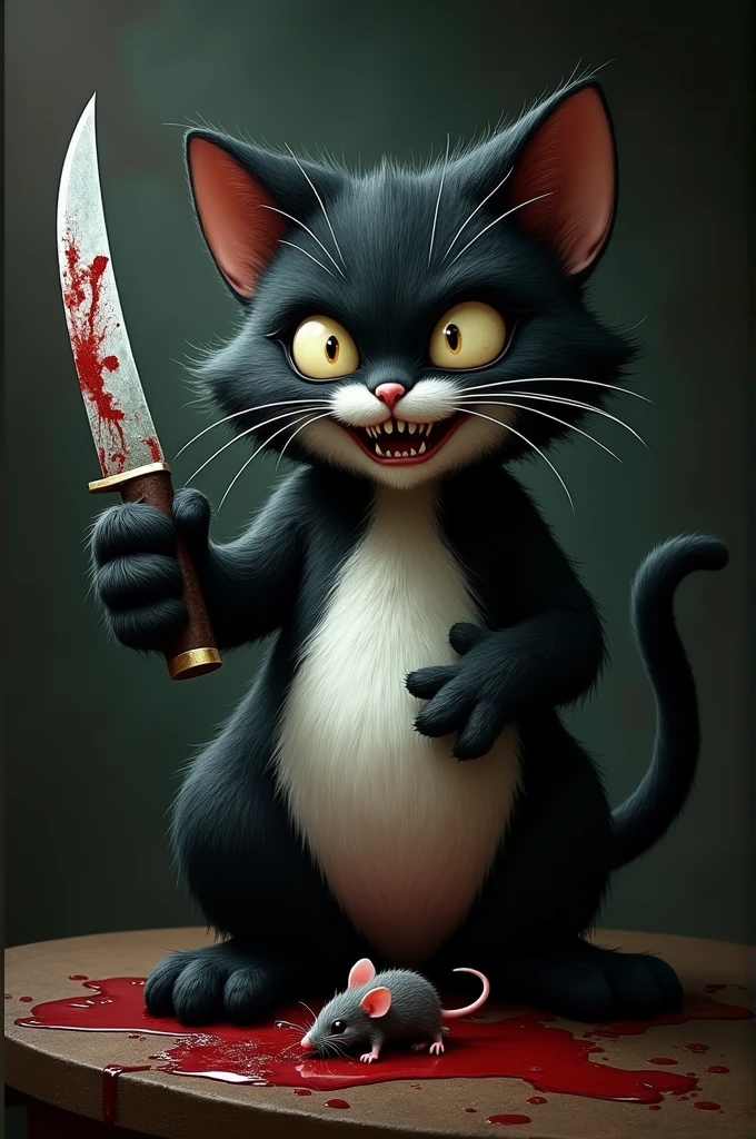 Tuxedo cat smiling scarily while holding a knife and holding a bloody dead mouse on its another hand, The cat name “Panda”