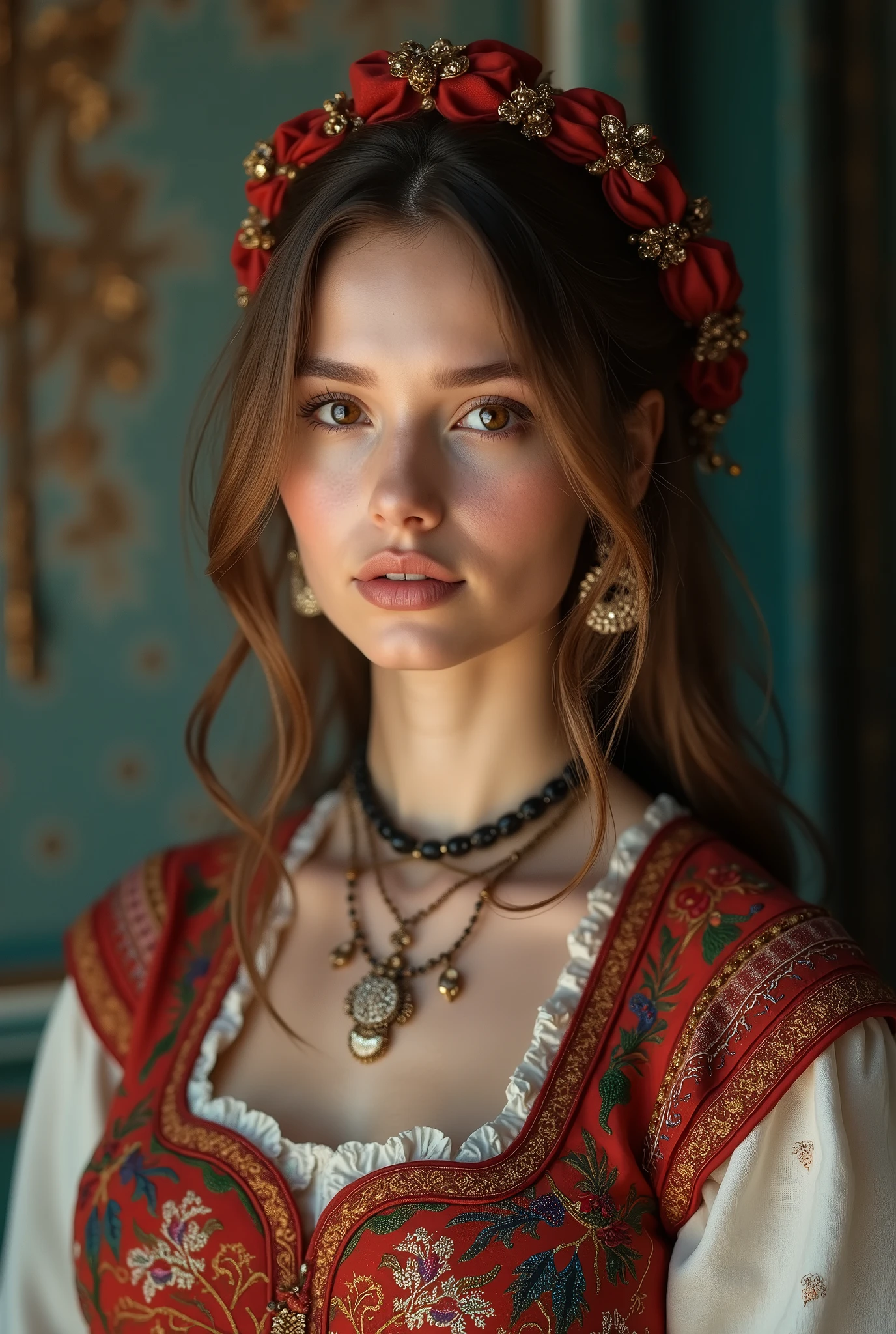 best quality, masterpiece, highres, 1 girl, 1, Russian dress, hair ornament, necklace, jewelry, Beautiful face, photo-realistic, studio lighting, (high detailed skin:1.2), 16k uhd, dslr, soft lighting, high quality, volumetric lighting, candid, Photograph, high resolution, 16k, Bokeh, medium breasts,
