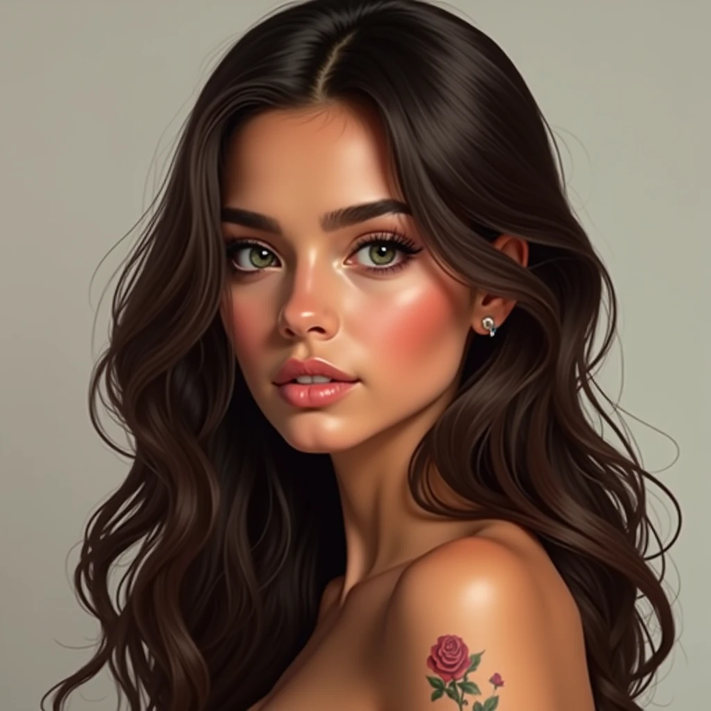 A hyper-realistic color portrait of a young and attractive woman named Valeria Mendoza. She has an oval-shaped face with perfectly balanced and well-proportioned features. Her skin is a light bronze tone, incredibly smooth and radiant, with a flawless appearance. She has deep emerald green, almond-shaped eyes framed by long, naturally curled eyelashes that highlight her intense and captivating gaze. Her eyebrows are medium in thickness, perfectly arched, and dark, harmonizing seamlessly with her hair. Valeria's nose is straight and delicate, with a slightly rounded tip that blends harmoniously with her other features. Her lips are naturally full and well-defined, with a soft pink tone and a subtle, realistic gloss that emphasizes her healthy and vibrant look. The upper lip features a distinct Cupid’s bow, while the lower lip is more voluminous. Her hair is long, wavy, and flows down to her waist, with a rich chocolate brown color and subtle highlights that add realistic depth and shine, giving it a silky and voluminous texture. On her right wrist, there is a small, intricately detailed tattoo of a rose, adding a personal and realistic touch to her overall appearance. Her expression reflects a realistic blend of sweetness and confidence, with a slight, genuine smile that conveys warmth and approachability, while her eyes suggest confidence and a hint of mystery. The portrait should capture every detail with high realism, focusing on the texture of her skin, the natural movement of her hair, and the subtle expression in her eyes and smile.