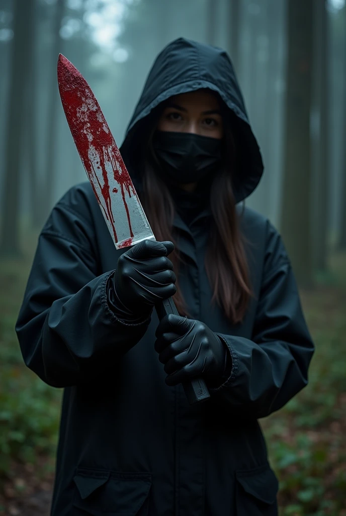2 korean girl, (by the stiff, bloody knife), stabbing, black surgical mask, black gloves, night forest, night, black raincoat, hood up, holding knife, black gloves, 20 years old, woman on top, by the cadaver, blood splatter, mass murderer, killer, blood splatter,