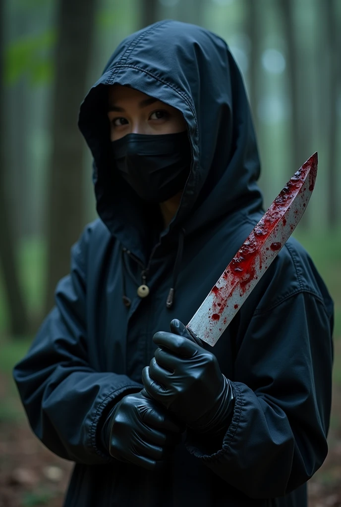 2 korean girl, (by the stiff, bloody knife), stabbing, black surgical mask, black gloves, night forest, night, black raincoat, hood up, holding knife, black gloves, 20 years old, woman on top, by the cadaver, blood splatter, mass murderer, killer, blood splatter,