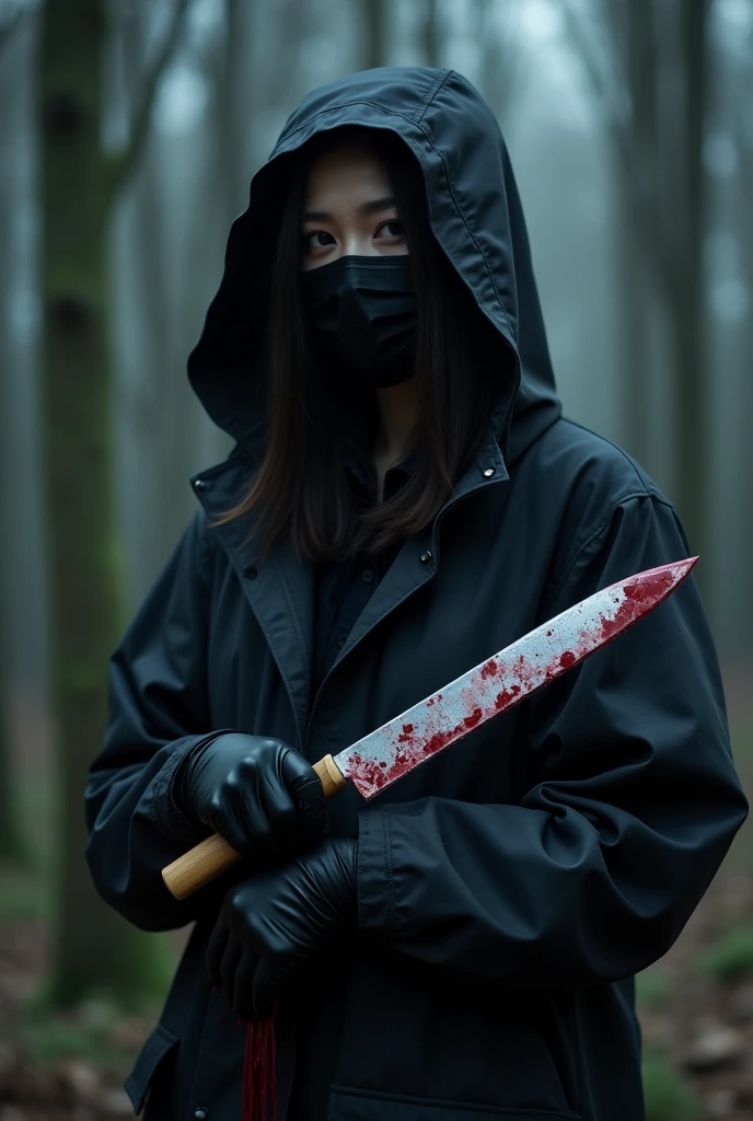 2 korean girl, (by the stiff, bloody knife), stabbing, black surgical mask, black gloves, night forest, night, black raincoat, hood up, holding knife, black gloves, 20 years old, woman on top, by the cadaver, blood splatter, mass murderer, killer, blood splatter,
