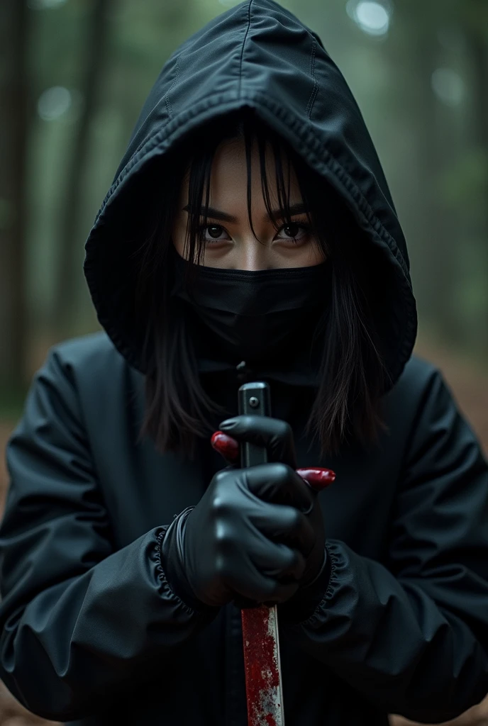 2 korean girl, (by the stiff, bloody knife), stabbing, black surgical mask, black gloves, night forest, night, black raincoat, hood up, holding knife, black gloves, 20 years old, woman on top, by the cadaver, blood splatter, mass murderer, killer, blood splatter,