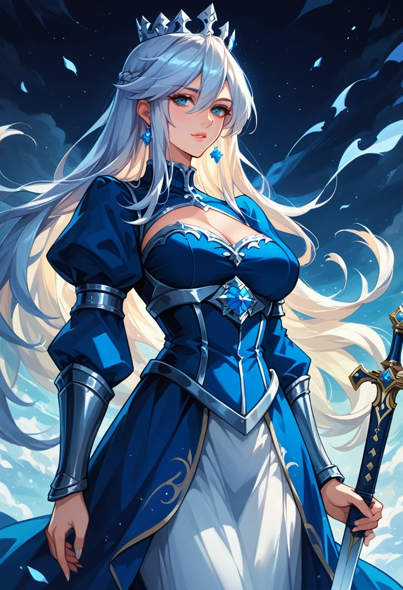 Anime - Stylistic image of Artoria Pendragon in a blue dress and armor, standing with a large sword, resting on sword, Kushatt Krenz Key Art Women, Extremely detailed Artgerm, Artgerm on ArtStation Pixiv, Epic light novel art cover, gorgeous female paladin, trending on artstation pixiv, Portrait Chevaliers du Zodiaque Fille, dimly lit spooky mansion, midnight.