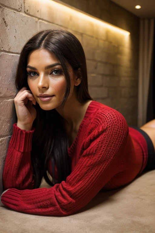 There is a woman in a red sweater standing leaning against a wall., posing like a falling model, sensual, with a cheeky, Making a majestic and hot pose, very pose sexy, promotional session, Looking from the side!, half body shot, filmed in the photo studio, pose sexy, general full body shot, shot from the side, full body photo shoot, lying down, Profile picture, medium body shot