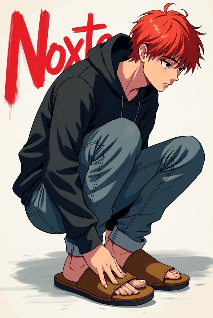 I want to add a sales cover, an anime style, a red-haired man wearing a black hoodie, jeans, trying on slippers, must have the word NOXTEEP.