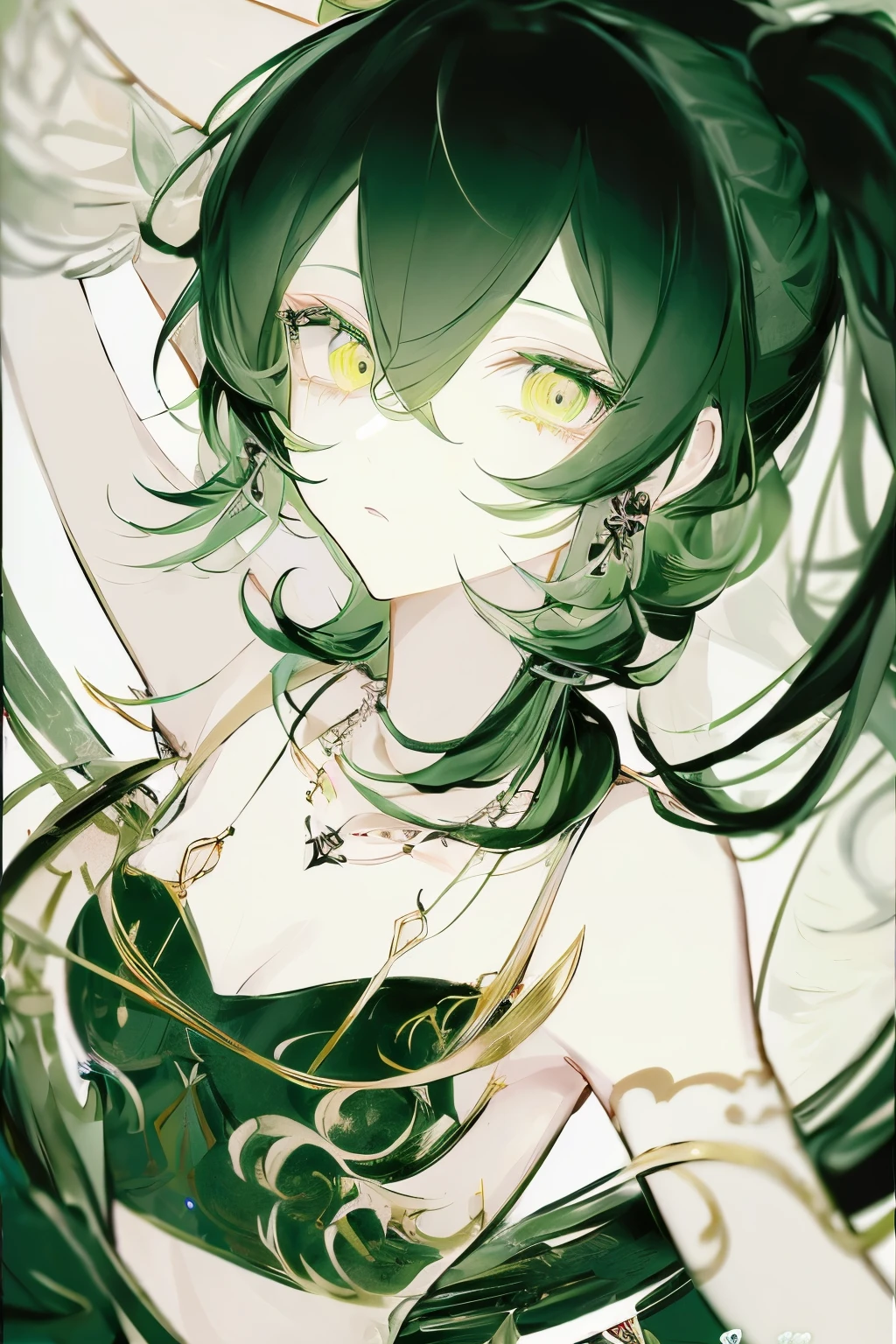 Anime style (One of them has green eyes, White skin, Black Hair,Ponytail, necklace, Slim, cosmetic, Eyeliner