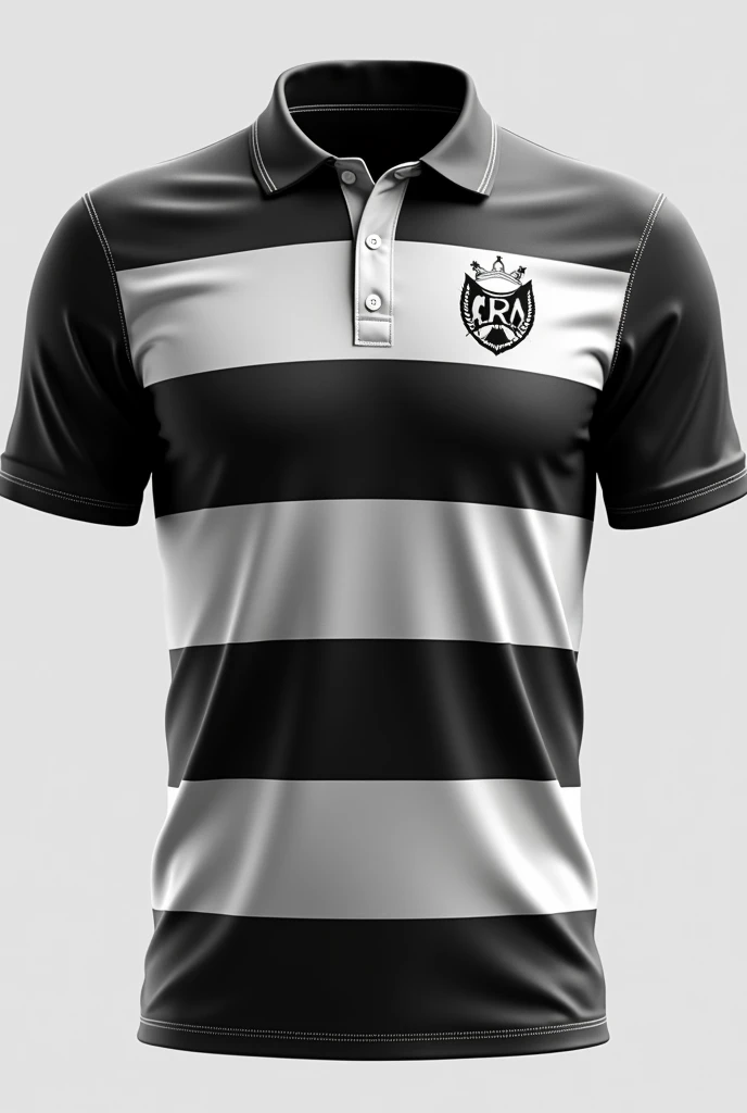 make me a football team shirt (for school games)

It has to be basic with predominant colors: secondary black: white with an emblem/shield on the chest without animals put the shield on the left chest without horizontal stripes use only black and white make the shirt a little retro
